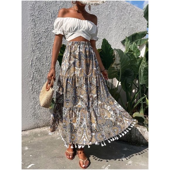 Paisley Print Tassel Hem Maxi Skirt - Picture 9 of 10